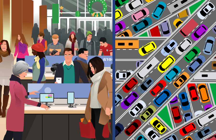 illustration of 2 kinds of traffic with one showing good traffic in the form of shoppers and the other showing cars stuck in rush hour traffic