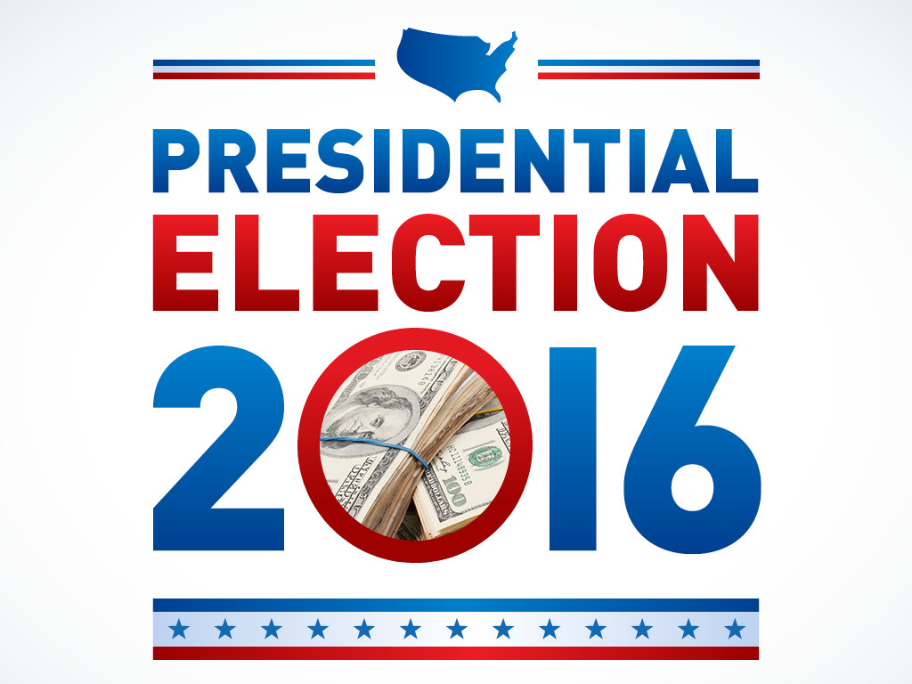 illustrated graphic of the 2016 Presidential election with a photo of stacks of money in the center of the zero in 2016