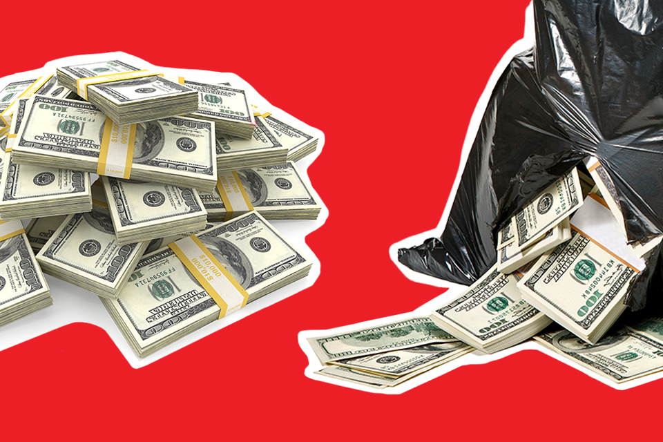 Picture of pile of money and bag of money with red background.