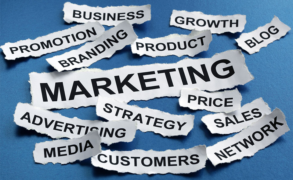 A picture of a word collage describing different aspects of an advertising strategy.