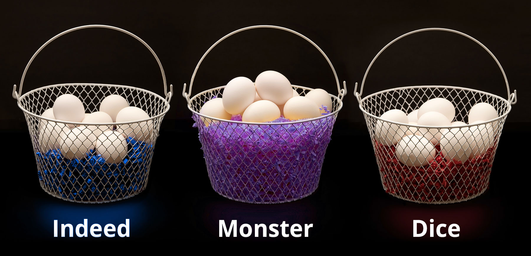 photo of three baskets of eggs with the names of the three big job sites