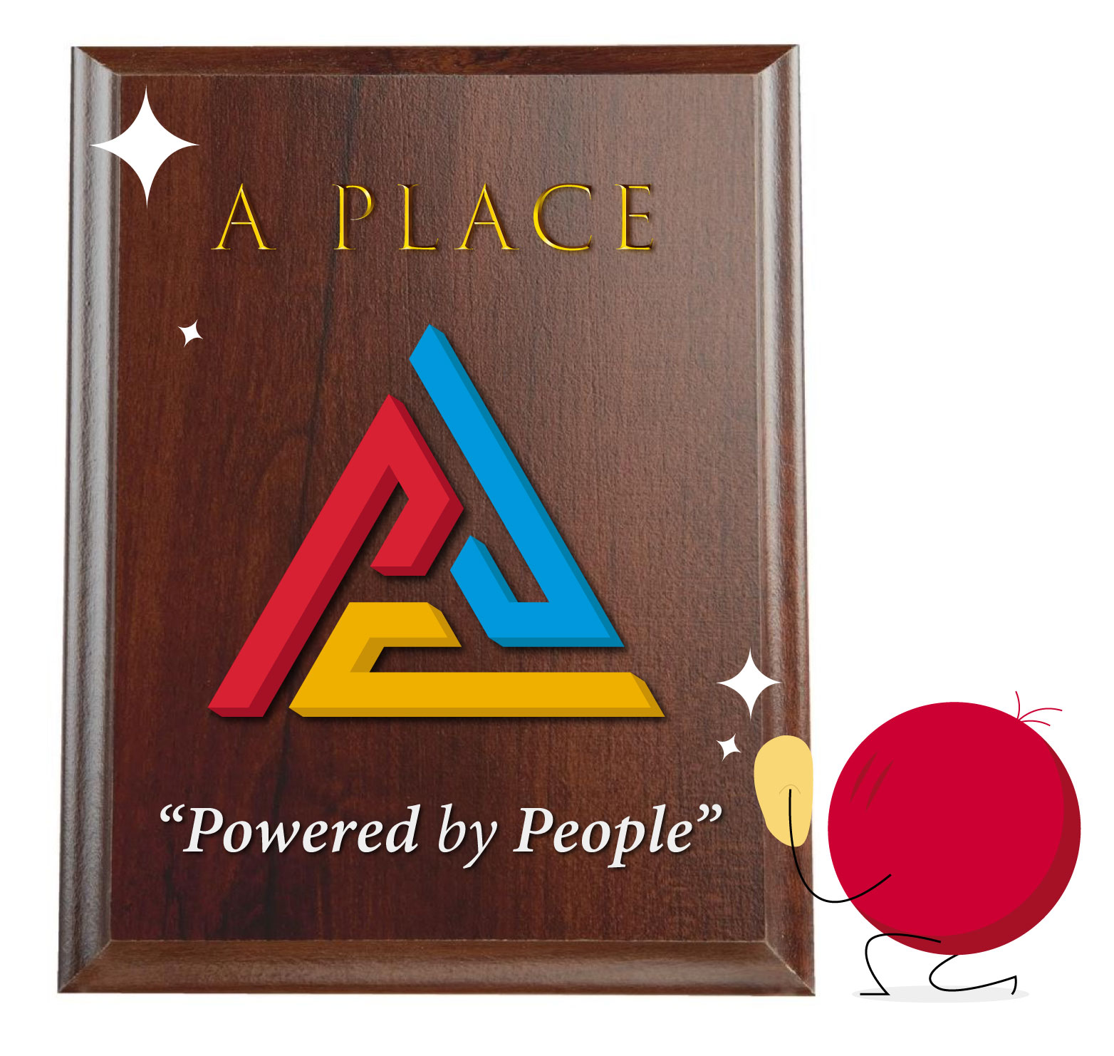 illustration of company plaque with words "Powered By People"
