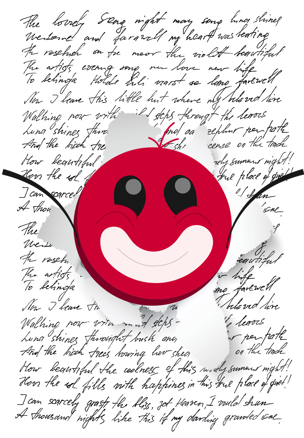 icon symbol of happy emoji poping out from a page of heavy text