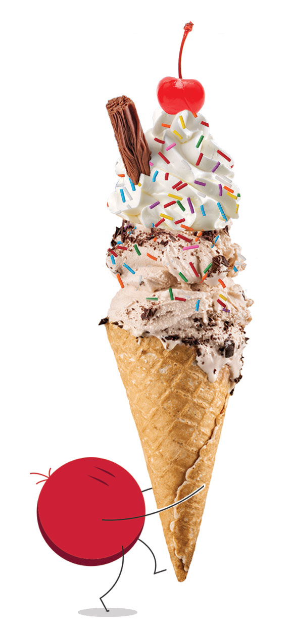 photo of ice cream cone with all the toppings being carried by icon symbol of salesperson