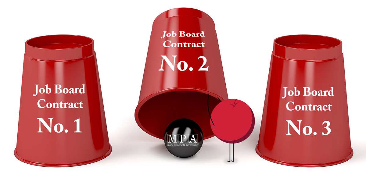 photo illustration showing 3 card monty cups labelled job board contracts