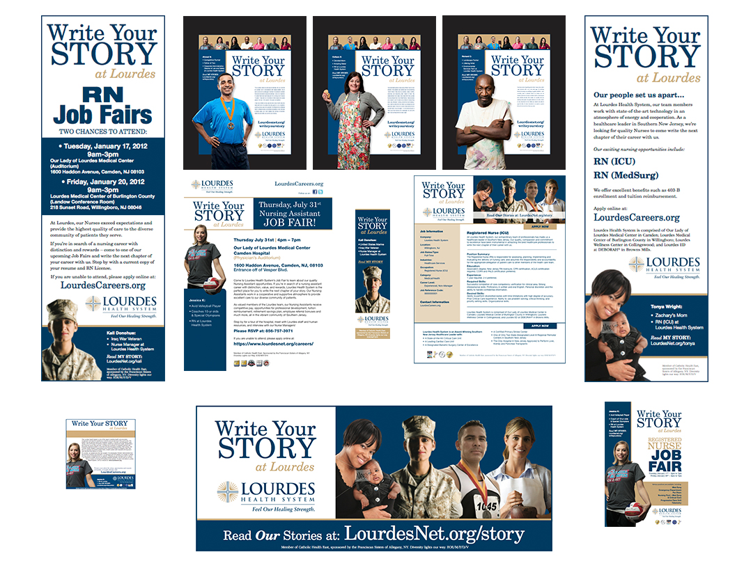 Lourdes Health System recruitment ad campaign featuring posters, banners, newsletters, print ads