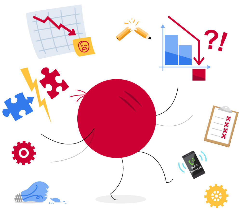 illustration using icon as business employee with random pieces all around overwhelming it