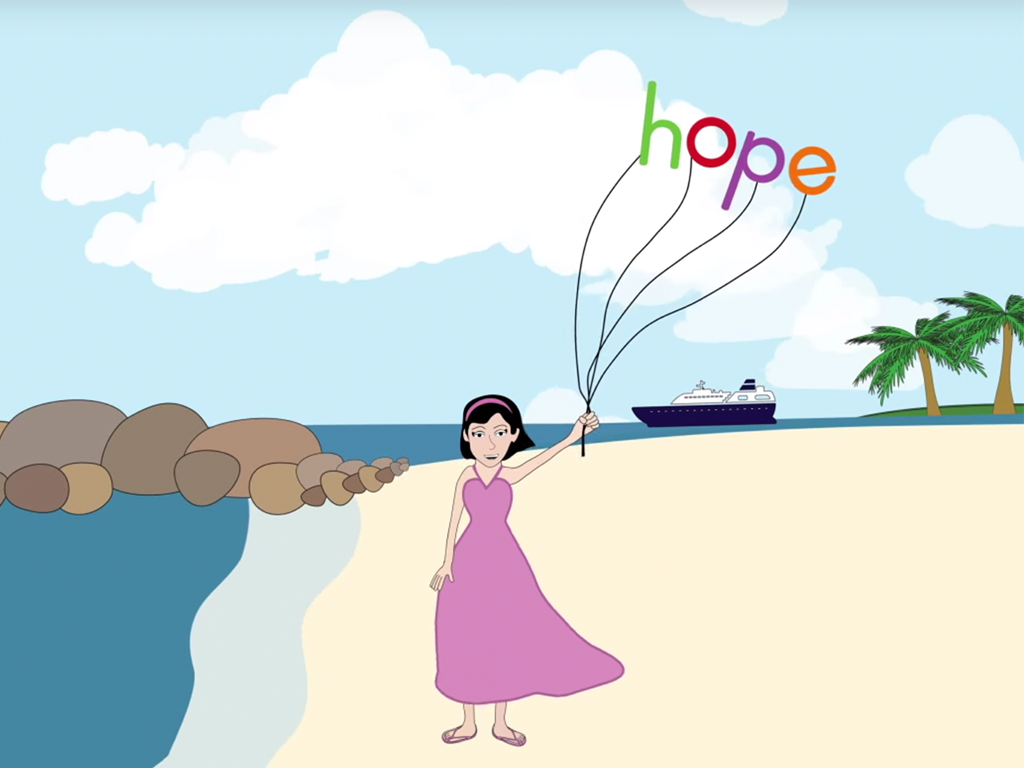 winning web design animation ad featuring woman on beach holding balloons