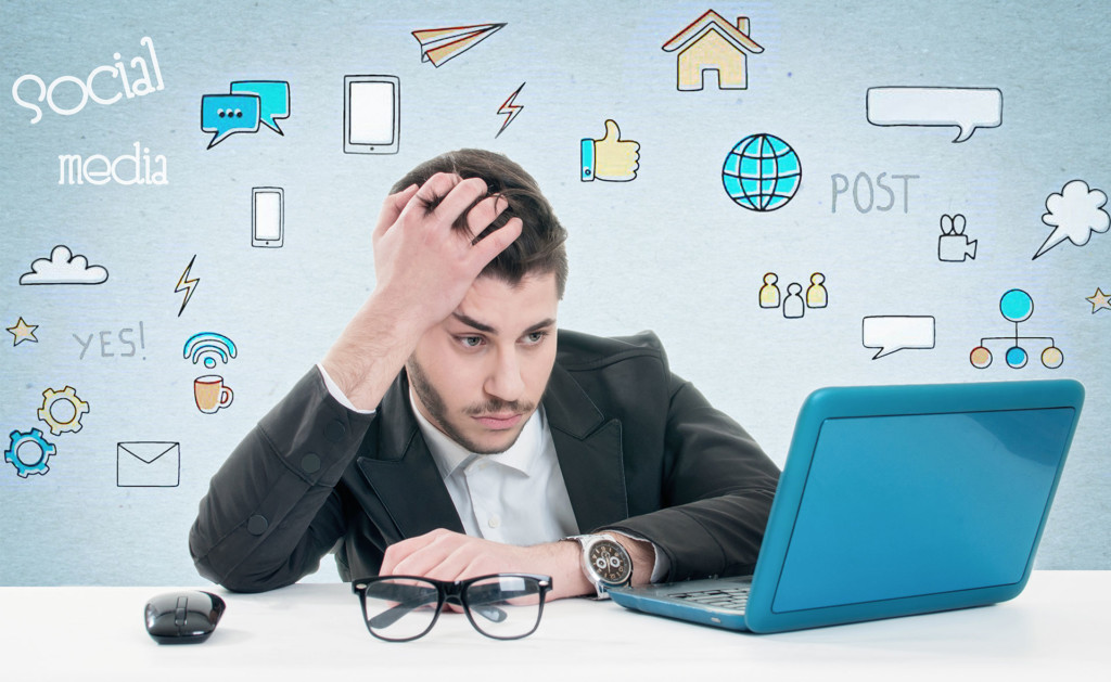 A picture of a business owner stressing over his social media marketing.
